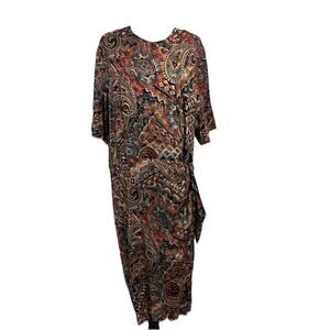 Kathryn Deene Dress Plus size 26 Brown Teal Orange Paisley Midi Faux Wrap Artsy